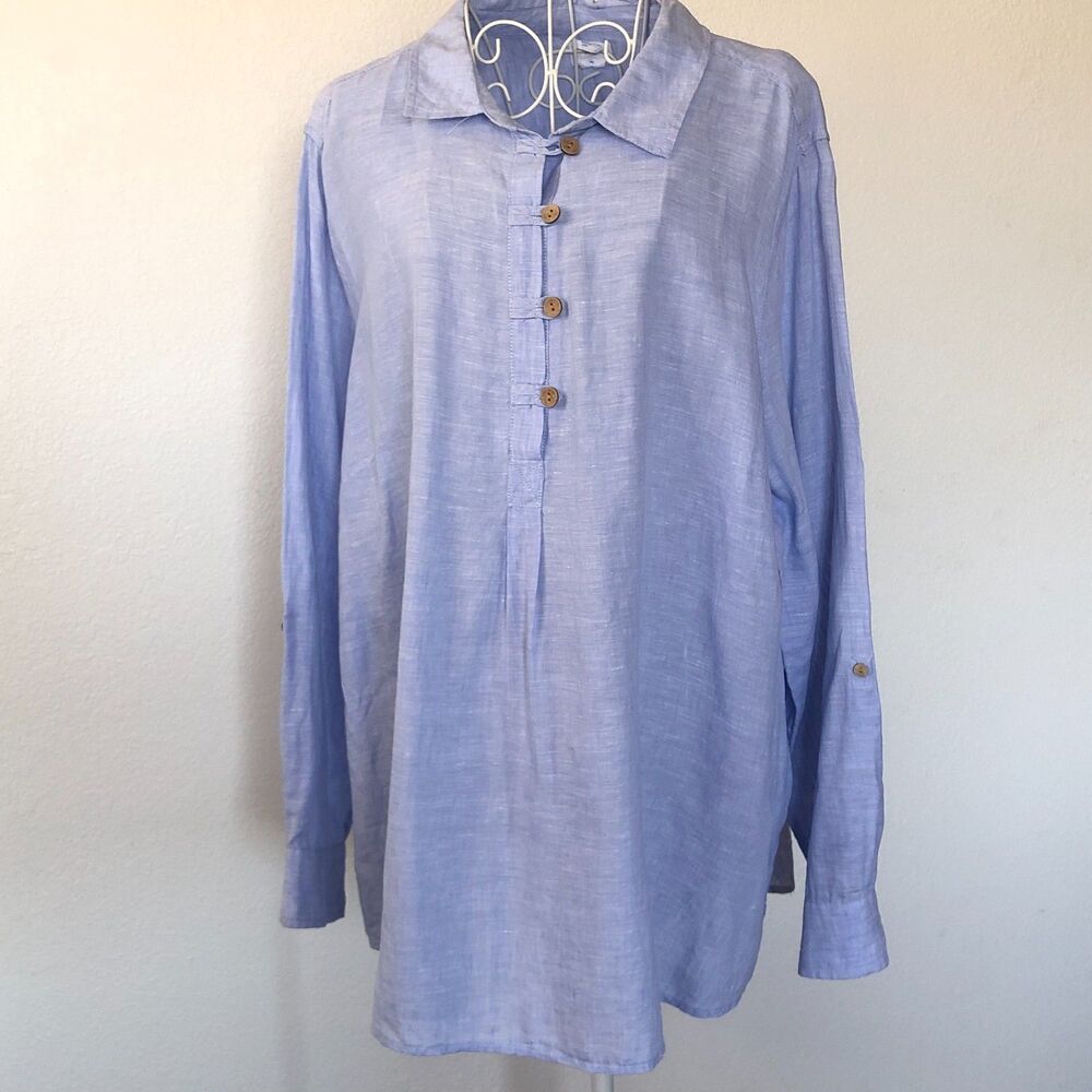Sigrid Olsen 100% Linen Tunic Powder Blue Button up Sleeves Size 3X